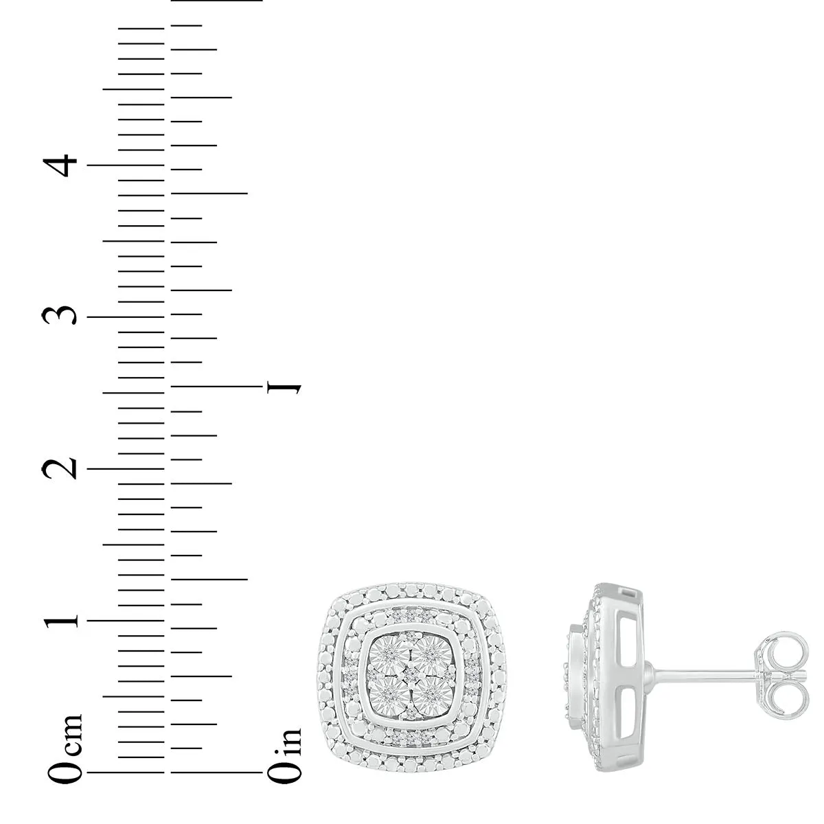 1/10 CTW Diamond Cluster Stud Cushion Shaped Earrings in Sterling Silver