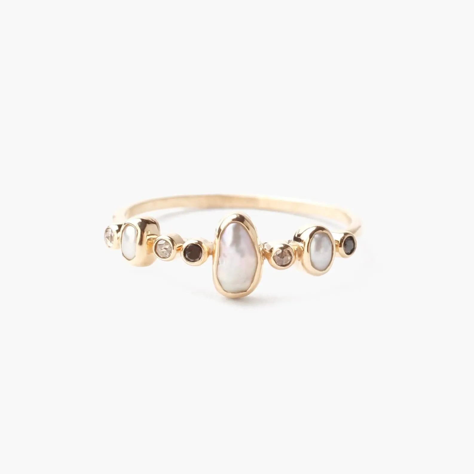 14k Ring with Freshwater Pearls, Tiny Grey & Black Diamonds