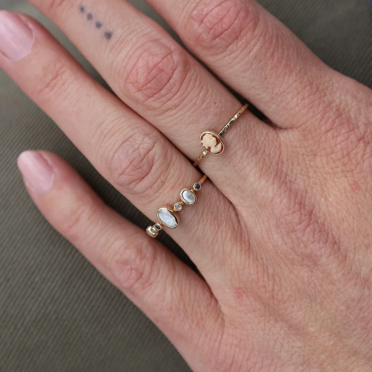 14k Ring with Freshwater Pearls, Tiny Grey & Black Diamonds
