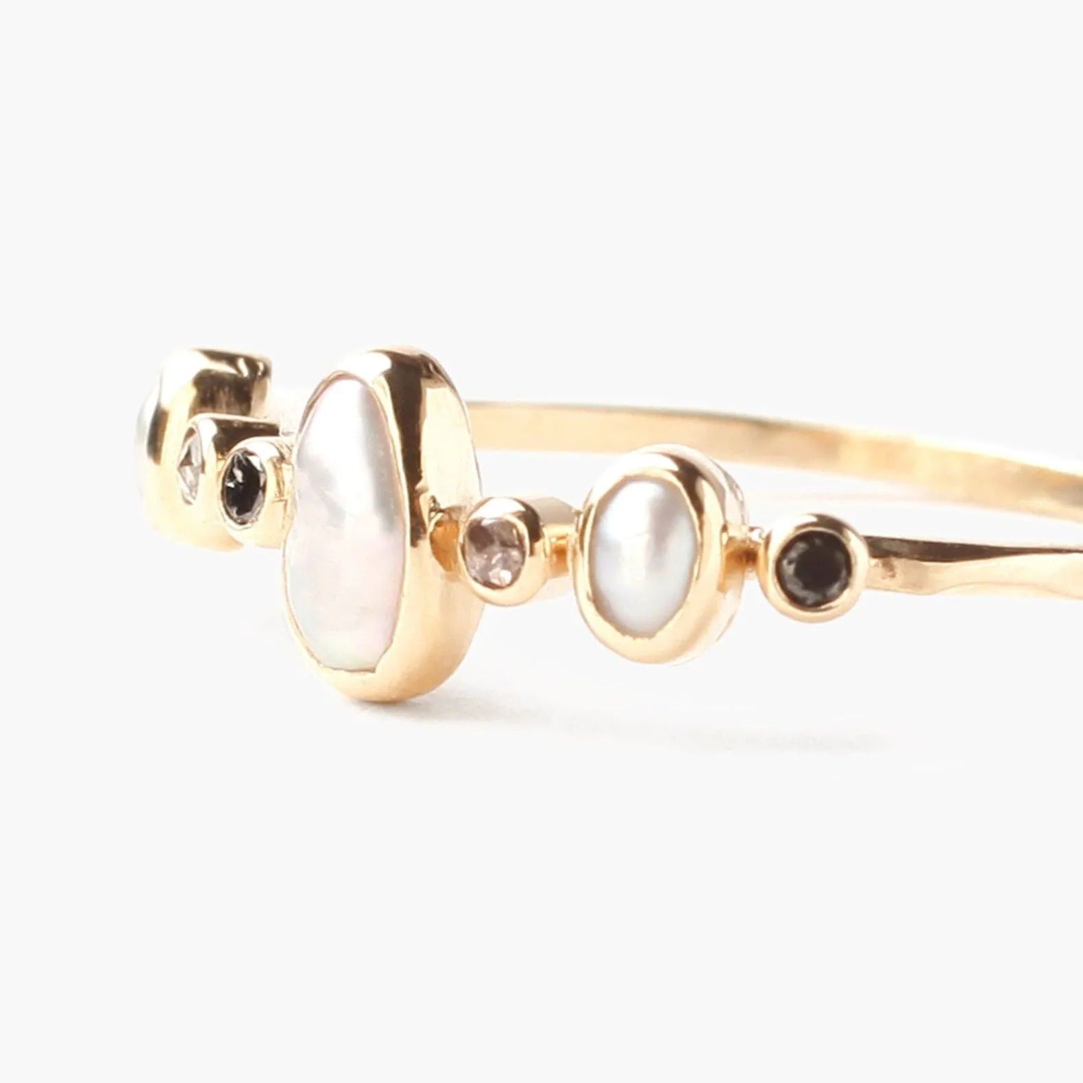 14k Ring with Freshwater Pearls, Tiny Grey & Black Diamonds