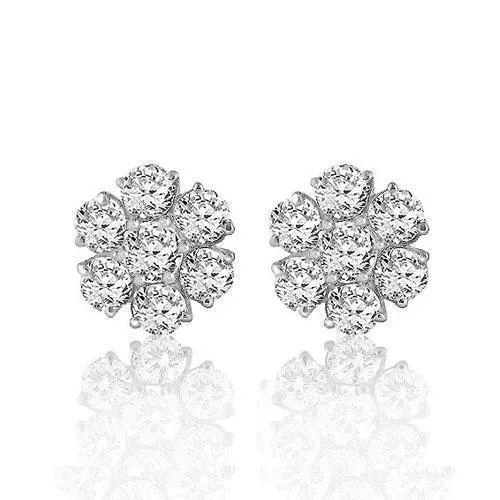 14K White Solid Gold Round Cut Prong Diamond Cluster Earrings 1.30 Ctw