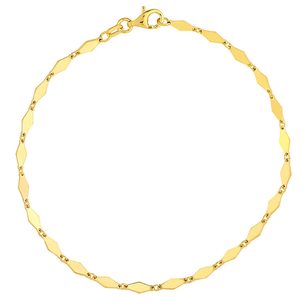 14K Yellow Gold Diamond Shaped Flat Link Chain Bracelet with Lobster Lock, 7.25"