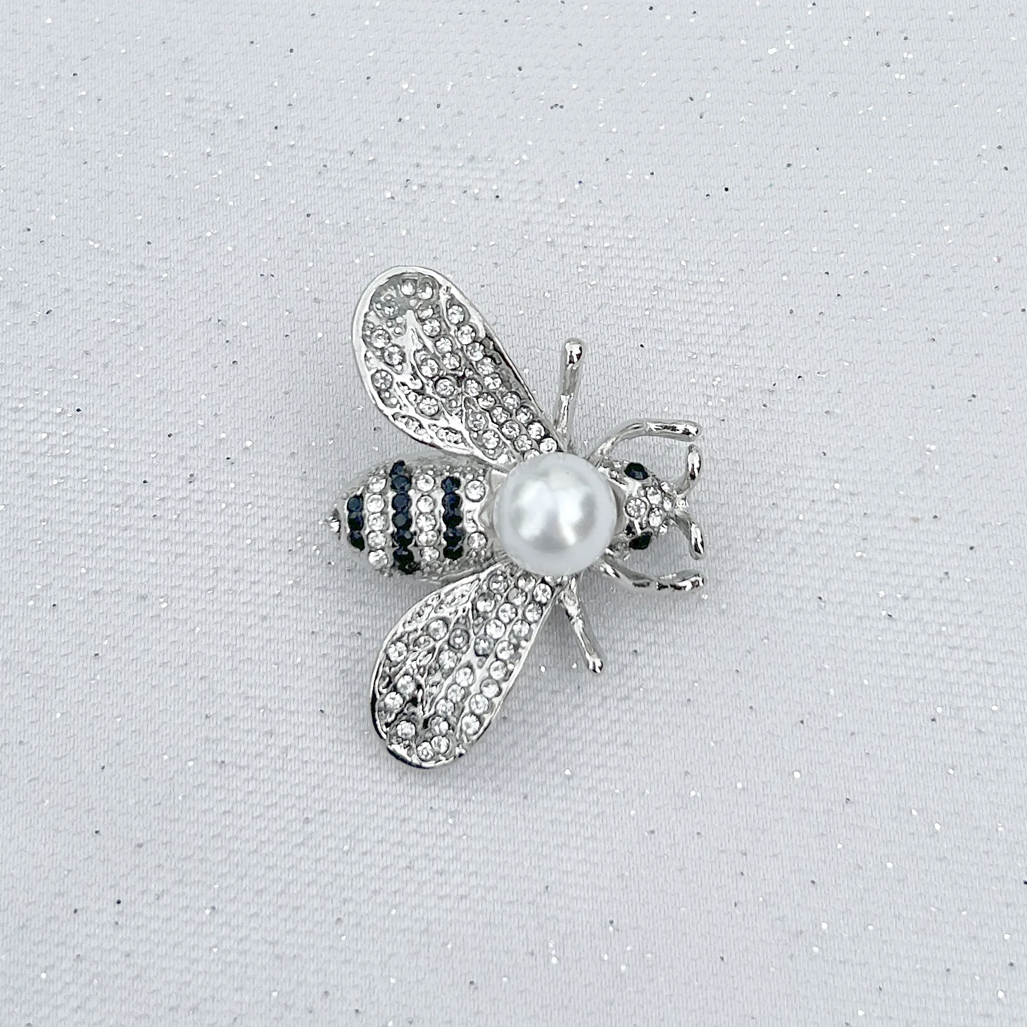 Bee Brooch Silver Pearl Pin Crystal