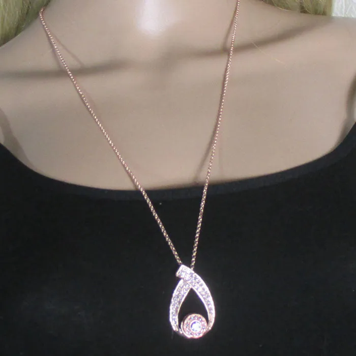 Blue Rhinestone & Rose Gold Pendant Necklace & Earrings