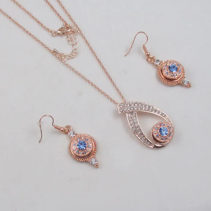 Blue Rhinestone & Rose Gold Pendant Necklace & Earrings