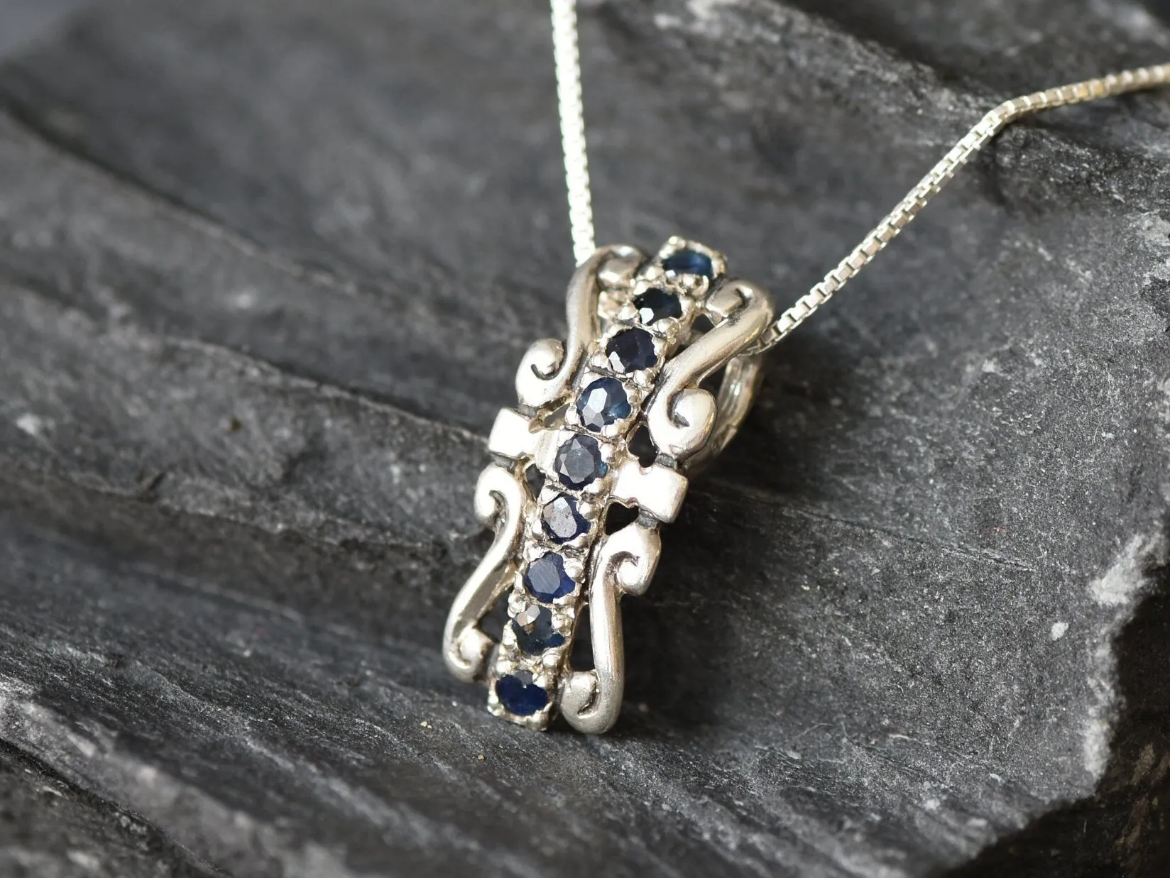 Blue Tiara Pendant - Natural Sapphire Necklace, Long Crown Pendant