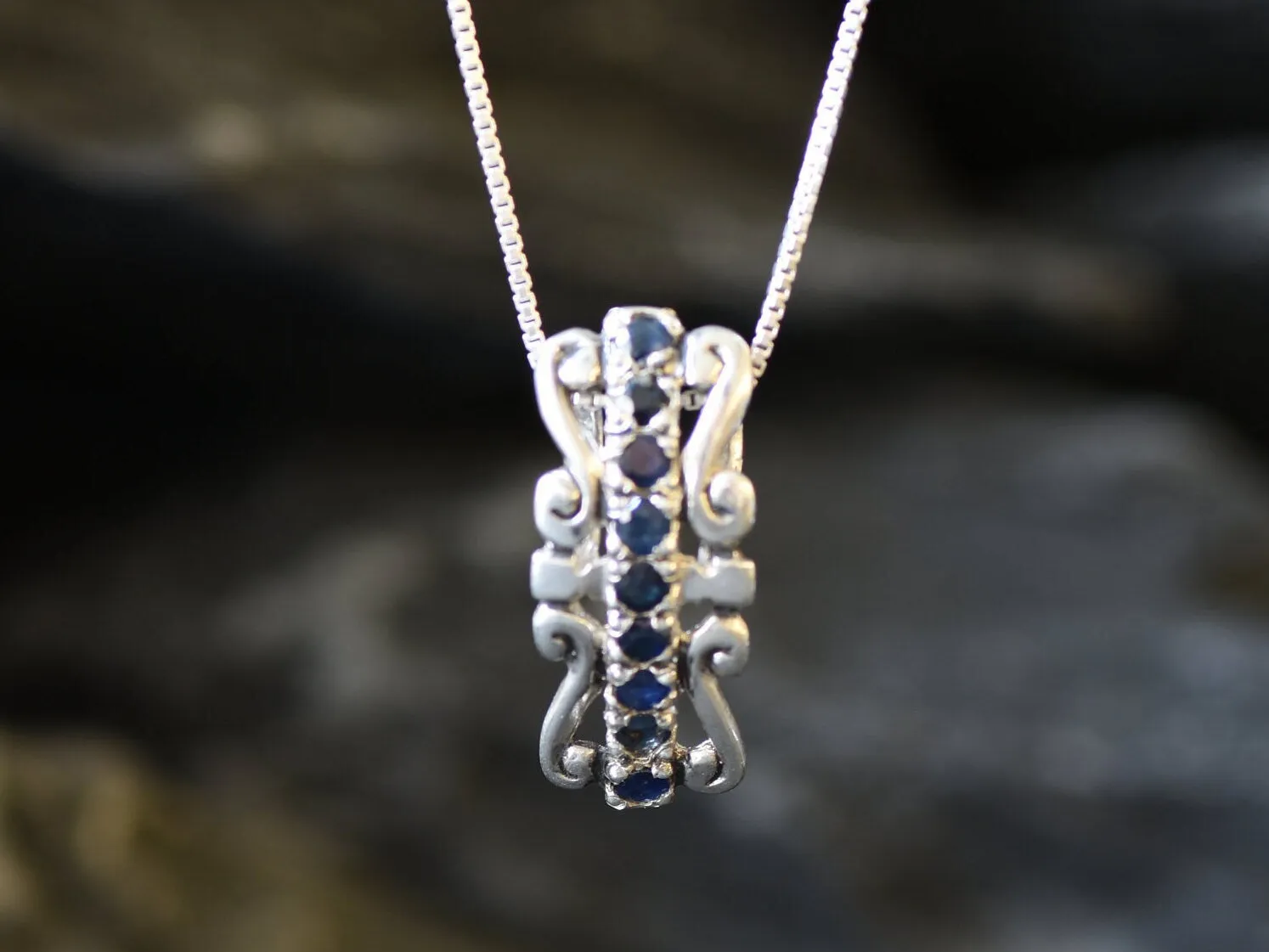 Blue Tiara Pendant - Natural Sapphire Necklace, Long Crown Pendant