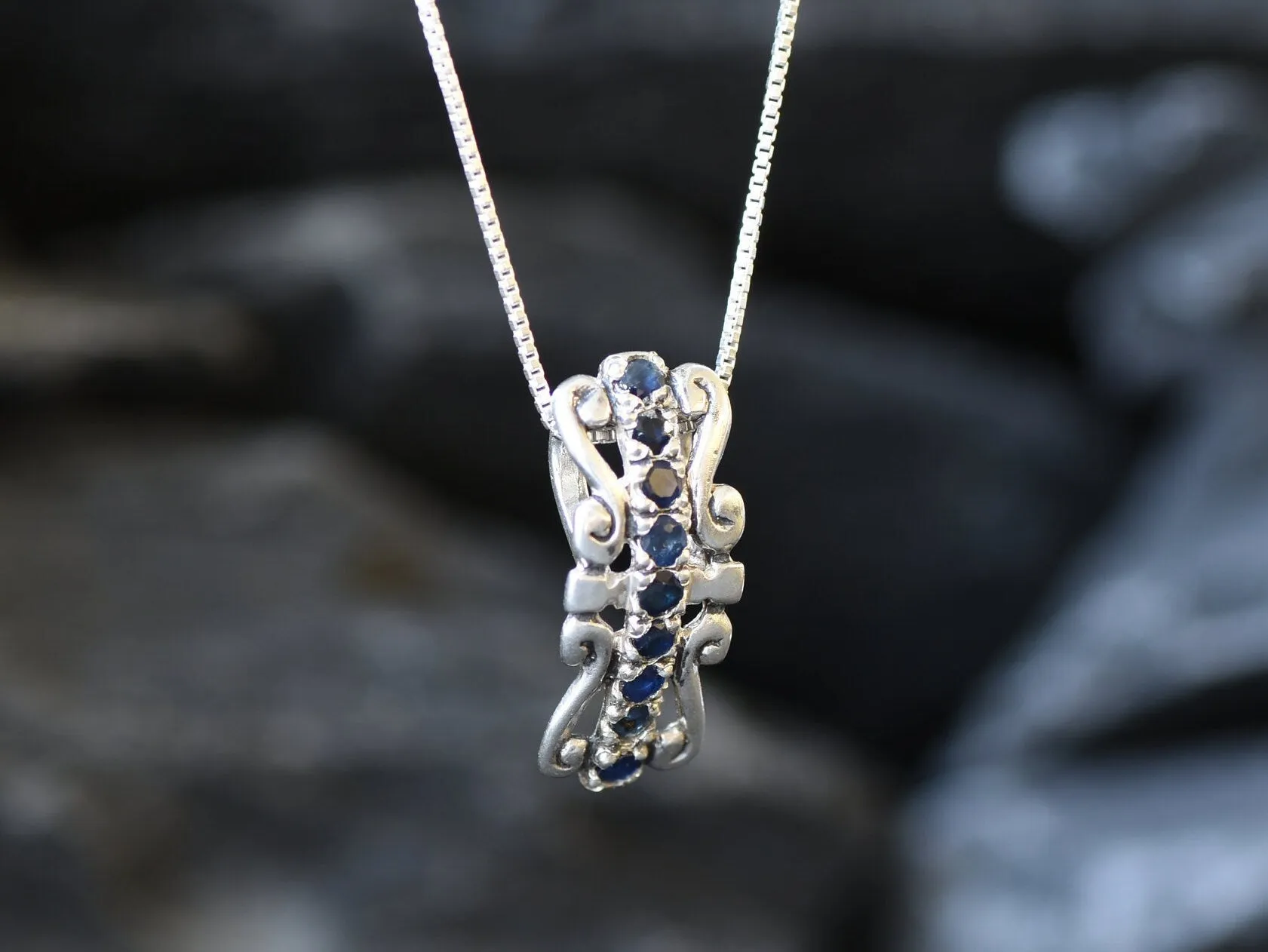 Blue Tiara Pendant - Natural Sapphire Necklace, Long Crown Pendant