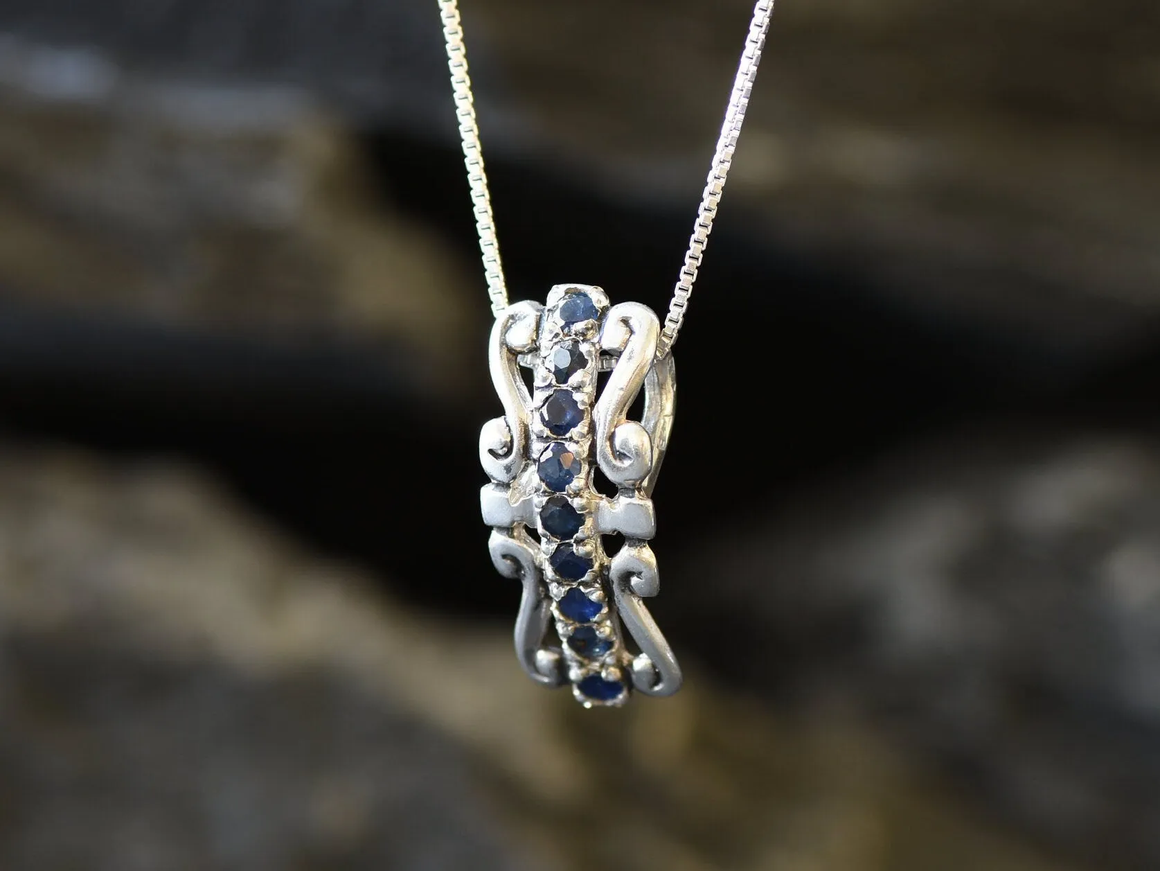 Blue Tiara Pendant - Natural Sapphire Necklace, Long Crown Pendant