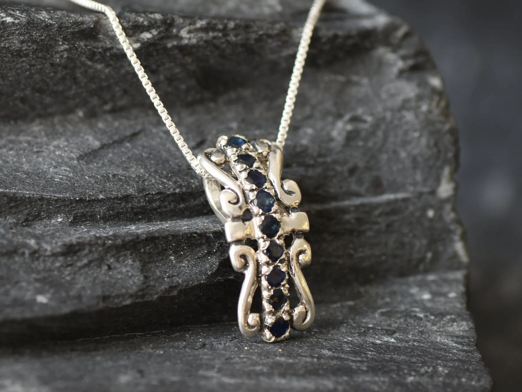 Blue Tiara Pendant - Natural Sapphire Necklace, Long Crown Pendant