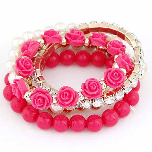 Bohemian Fashion Candy Color Pearl Rose Flower Multilayer Beads Stretch Charm Bracelet & Bangle For Women pulseras mujer