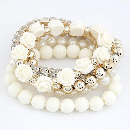 Bohemian Fashion Candy Color Pearl Rose Flower Multilayer Beads Stretch Charm Bracelet & Bangle For Women pulseras mujer