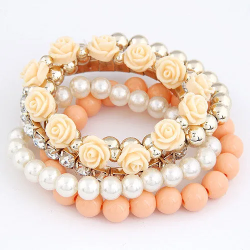 Bohemian Fashion Candy Color Pearl Rose Flower Multilayer Beads Stretch Charm Bracelet & Bangle For Women pulseras mujer