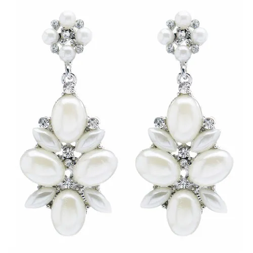 Bridal Wedding Jewelry Crystal Rhinestone Pearl Cluster Dangle Earrings Ivory