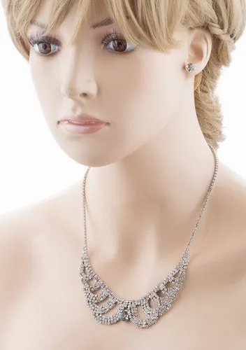 Bridal Wedding Jewelry Crystal Rhinestone Vintage Lace Design Necklace Silver