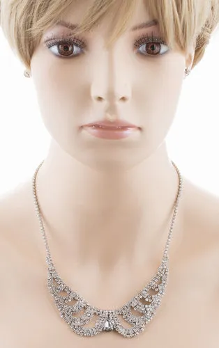 Bridal Wedding Jewelry Crystal Rhinestone Vintage Lace Design Necklace Silver