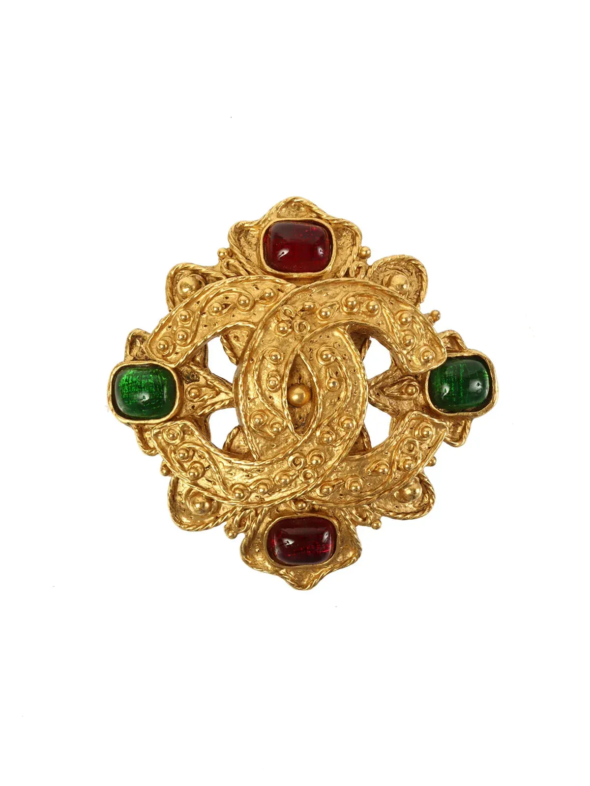 CHANEL 1994 Made Gripoix Design Cutout Cc Mark Brooch Gold/Red/Green
