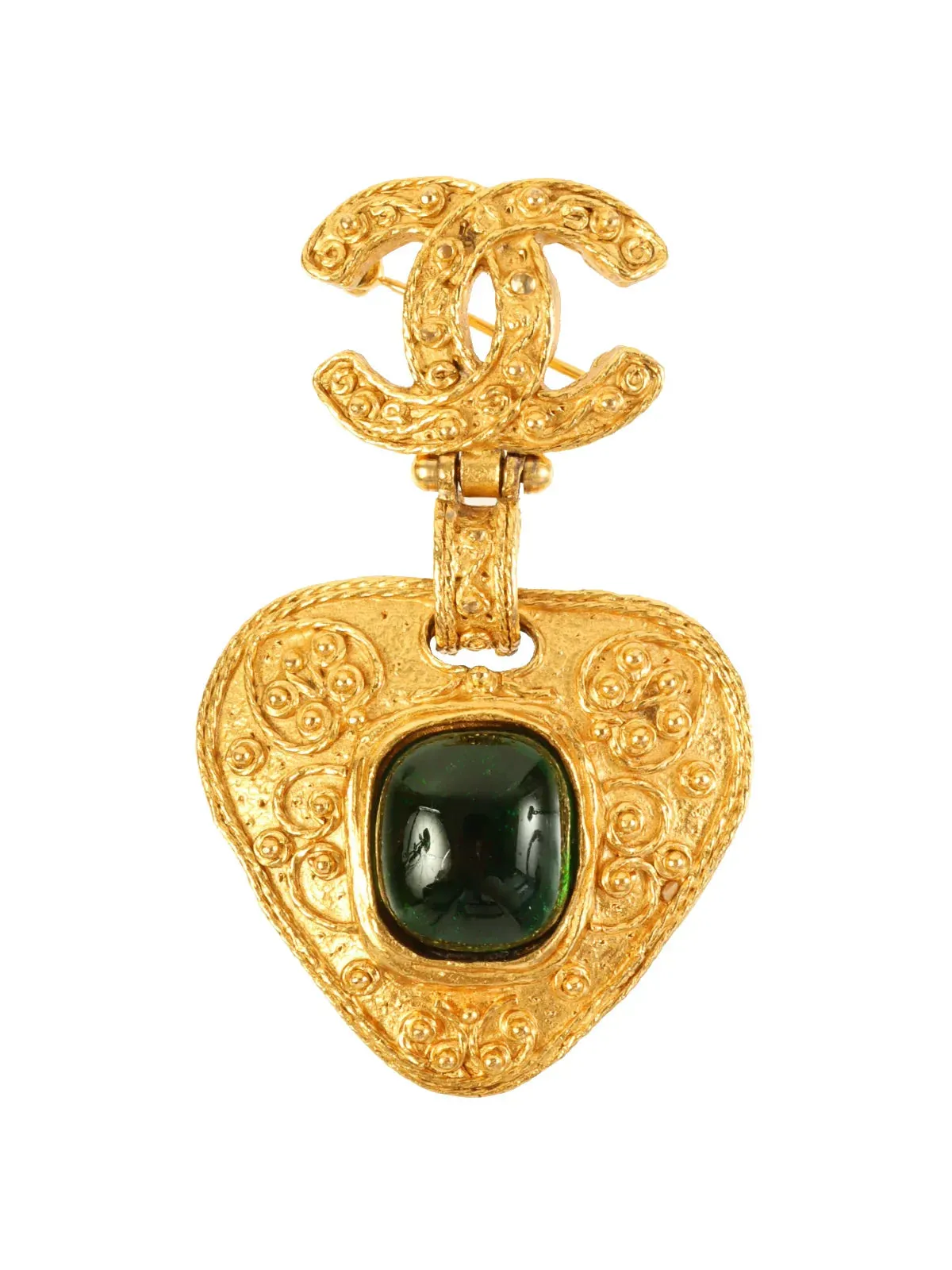 CHANEL 1994 Made Gripoix Triangle Cc Mark Swing Brooch Gold/Green