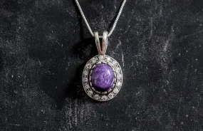 Charoite Halo Pendant - Victorian Purple Necklace - Purple Antique Necklace