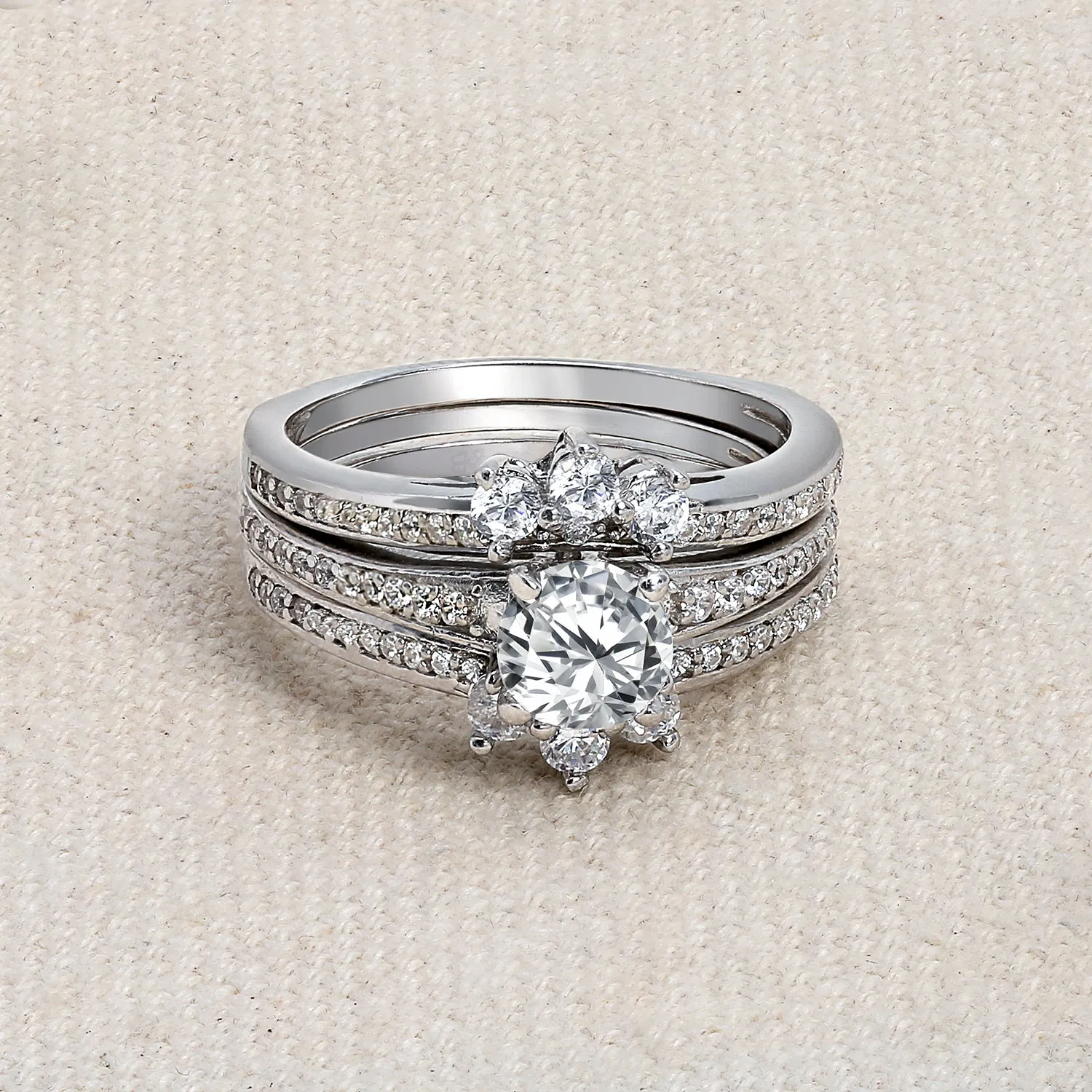 Classic 1.5CT CZ Cocktail Statement Ring with Floral Halo and Pave Band in Silver