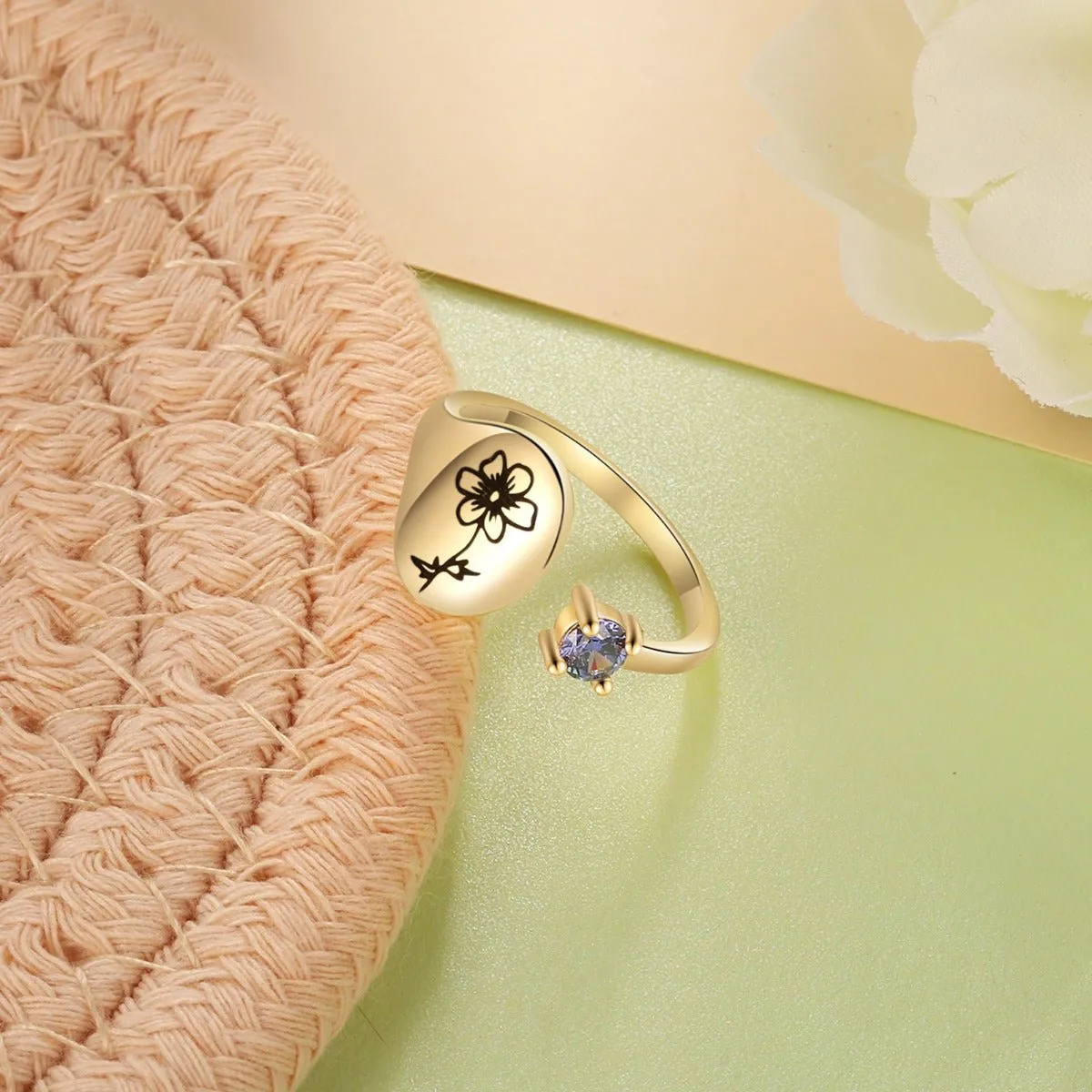 Custom Birthflower- Birthstone Ring For Her