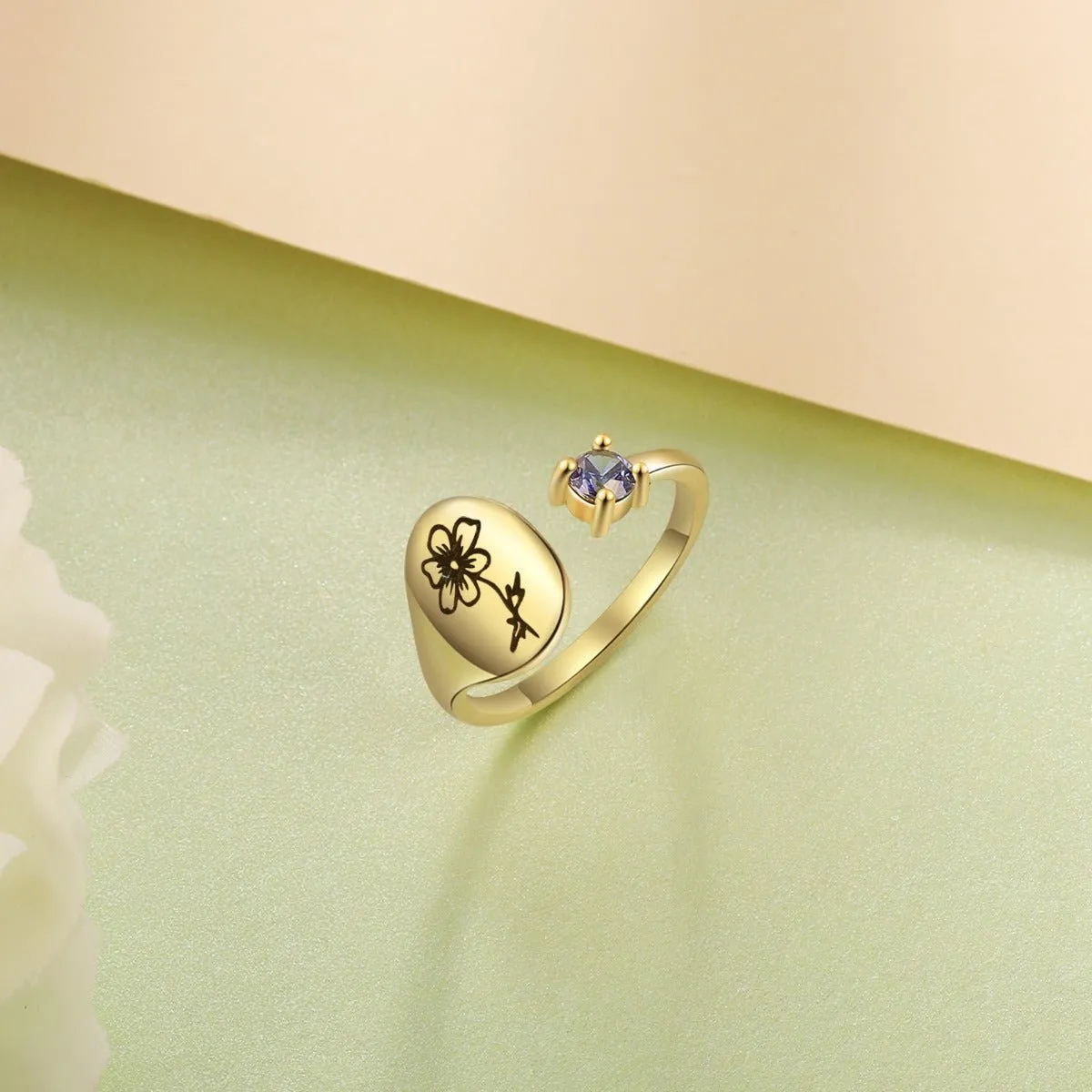 Custom Birthflower- Birthstone Ring For Her