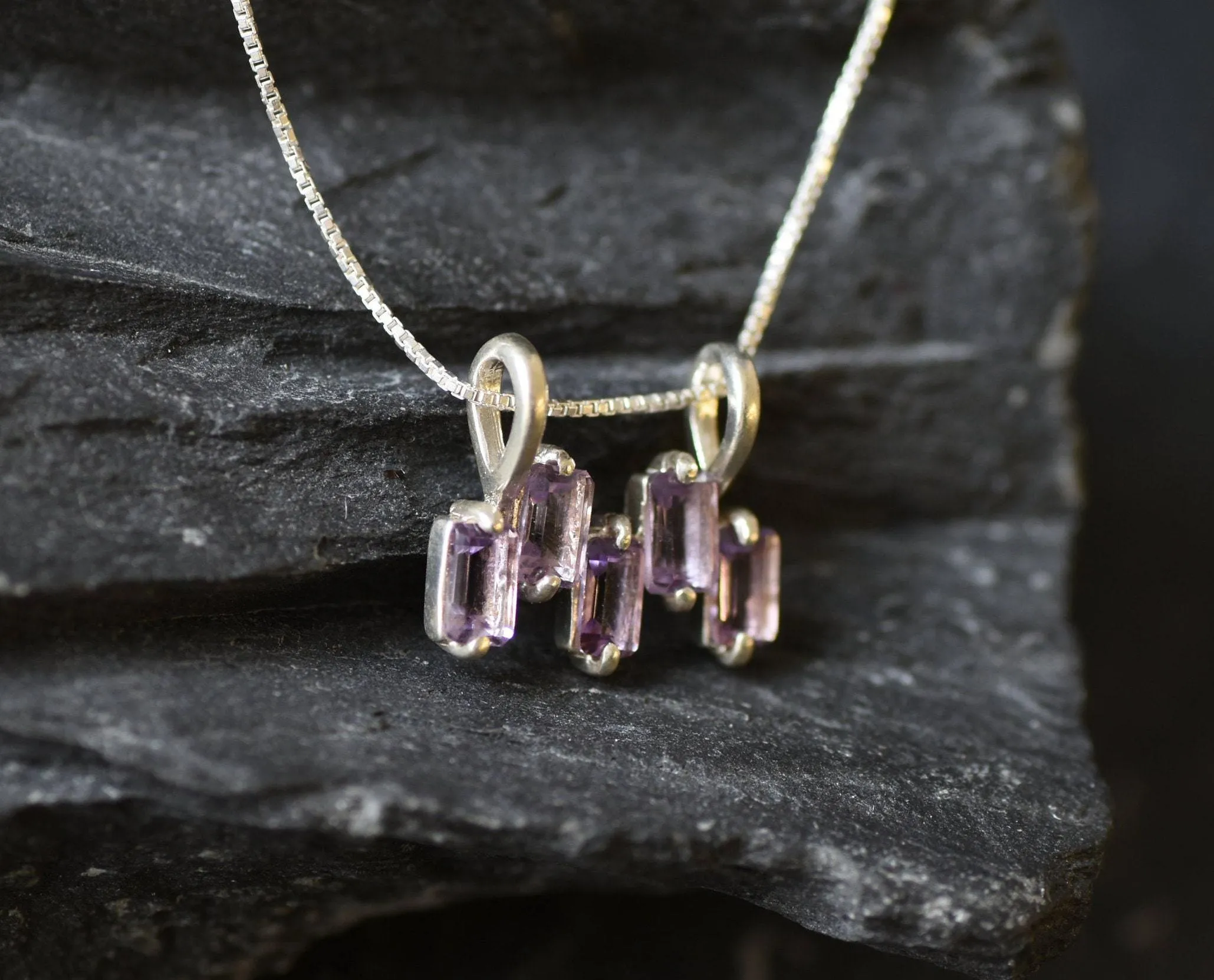 Dainty Amethyst Necklace - Purple Baguette Pendant - February Birthstone Necklace
