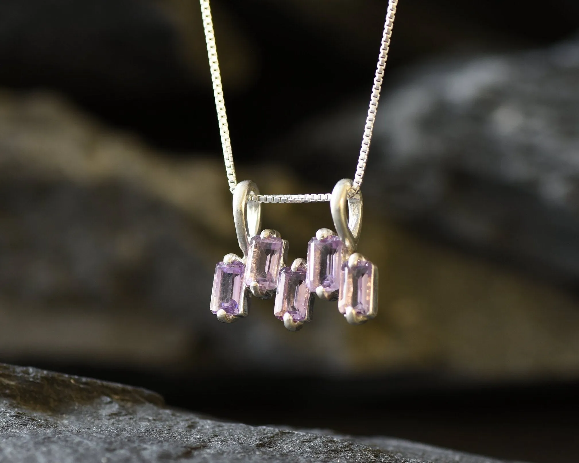 Dainty Amethyst Necklace - Purple Baguette Pendant - February Birthstone Necklace
