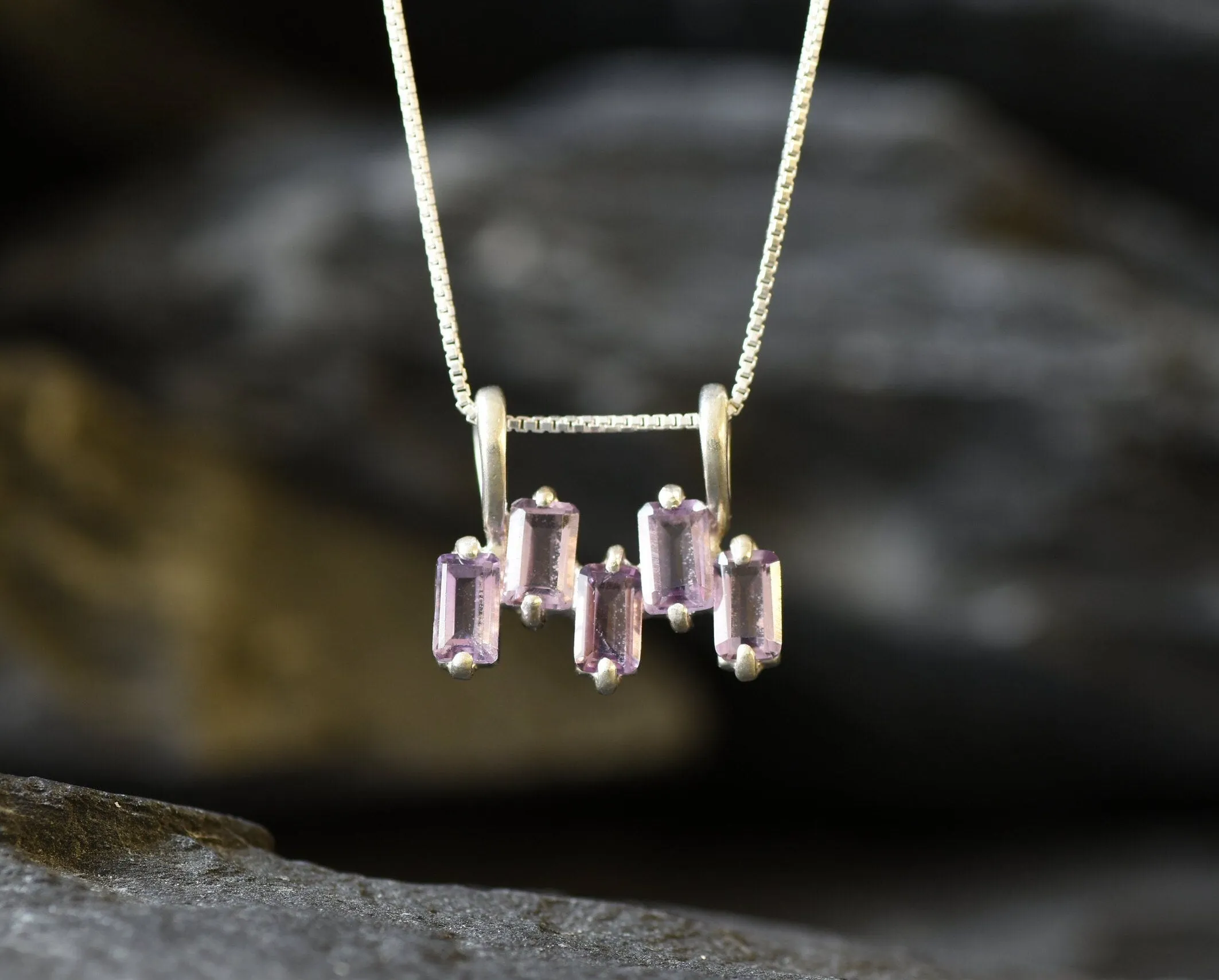Dainty Amethyst Necklace - Purple Baguette Pendant - February Birthstone Necklace