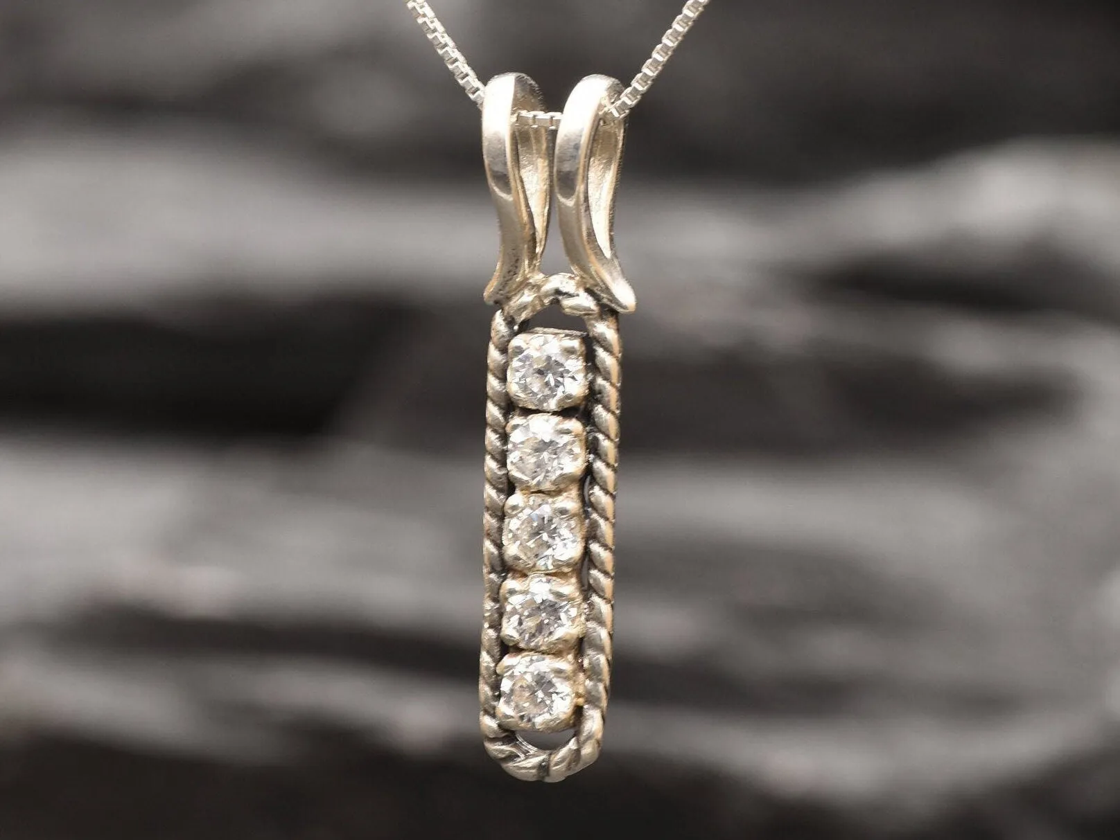 Diamond Silver Necklace - Vertical Diamond Pendant - Diamond Vintage Necklace