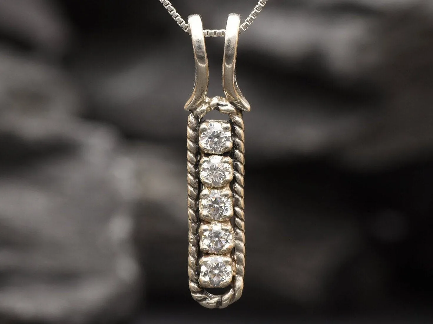 Diamond Silver Necklace - Vertical Diamond Pendant - Diamond Vintage Necklace