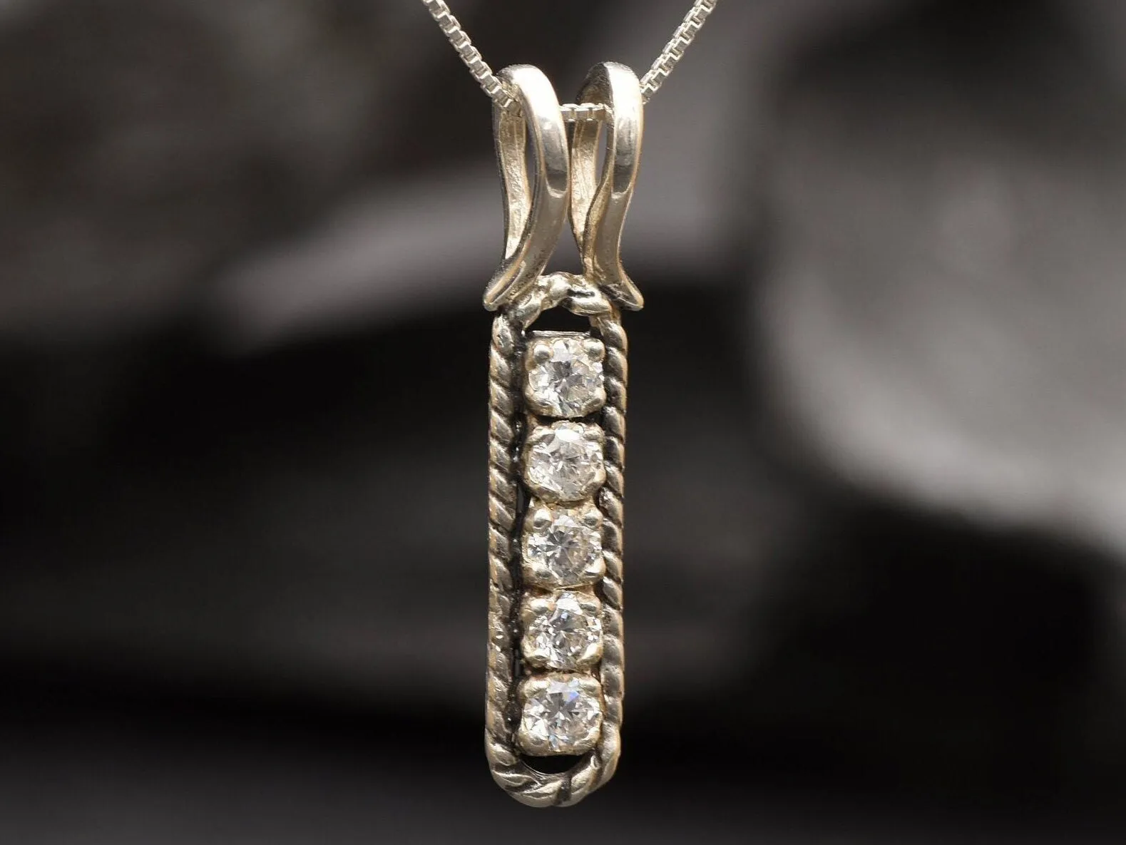Diamond Silver Necklace - Vertical Diamond Pendant - Diamond Vintage Necklace