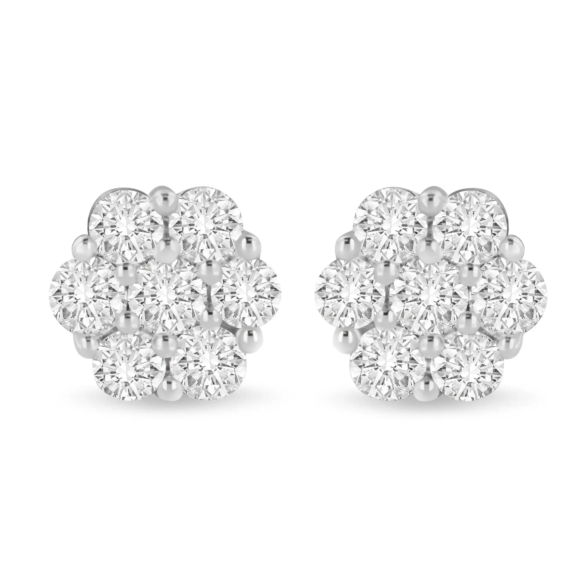 Elegant 14K White Gold Diamond Floral Cluster Stud Earrings - 3 Carat Total Weight