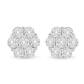 Elegant 14K White Gold Diamond Floral Cluster Stud Earrings - 3 Carat Total Weight
