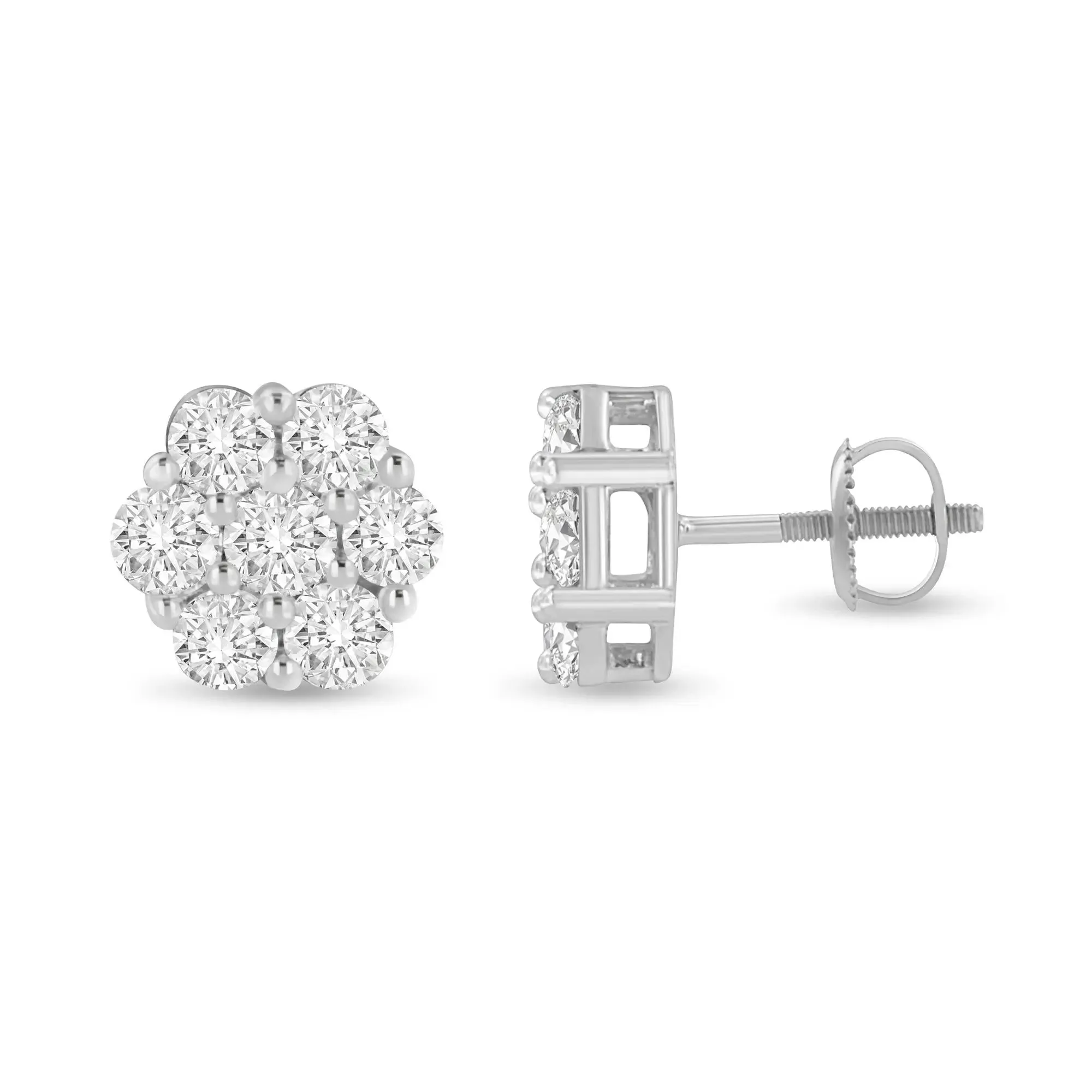 Elegant 14K White Gold Diamond Floral Cluster Stud Earrings - 3 Carat Total Weight