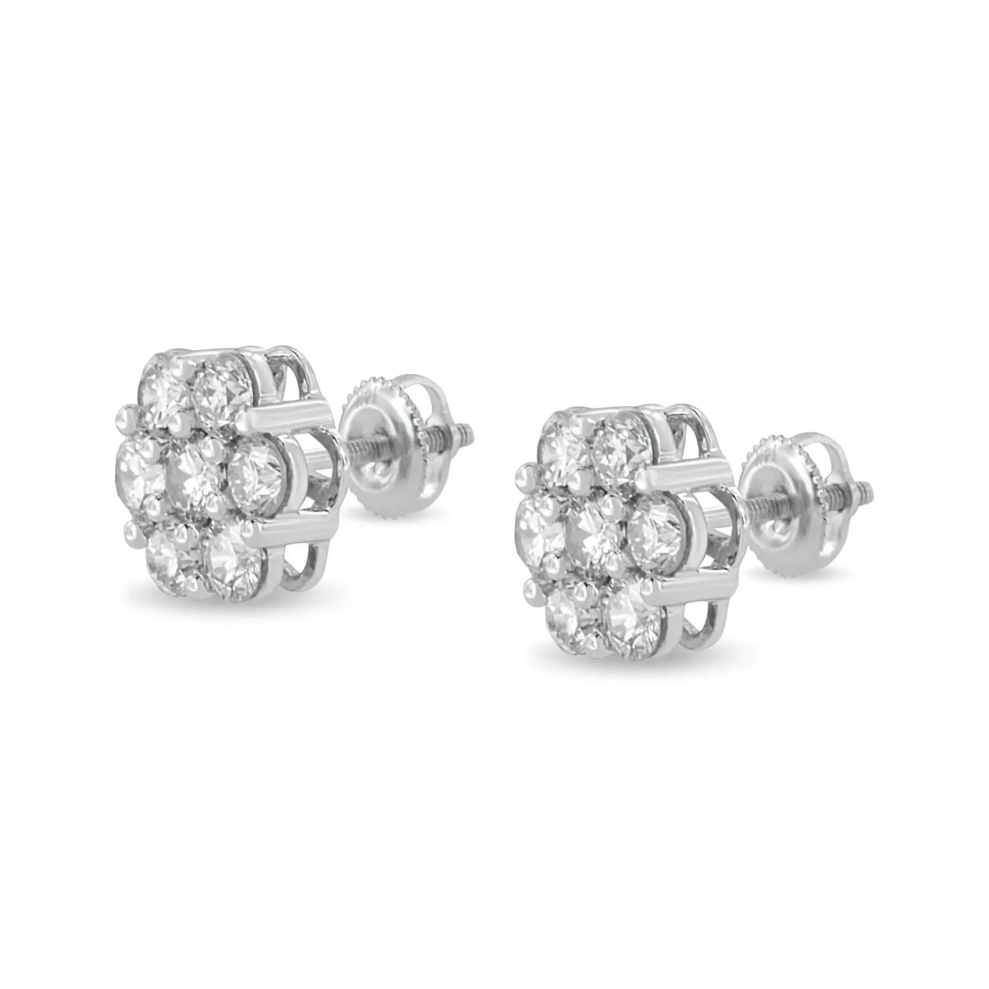 Elegant 14K White Gold Diamond Floral Cluster Stud Earrings - 3 Carat Total Weight
