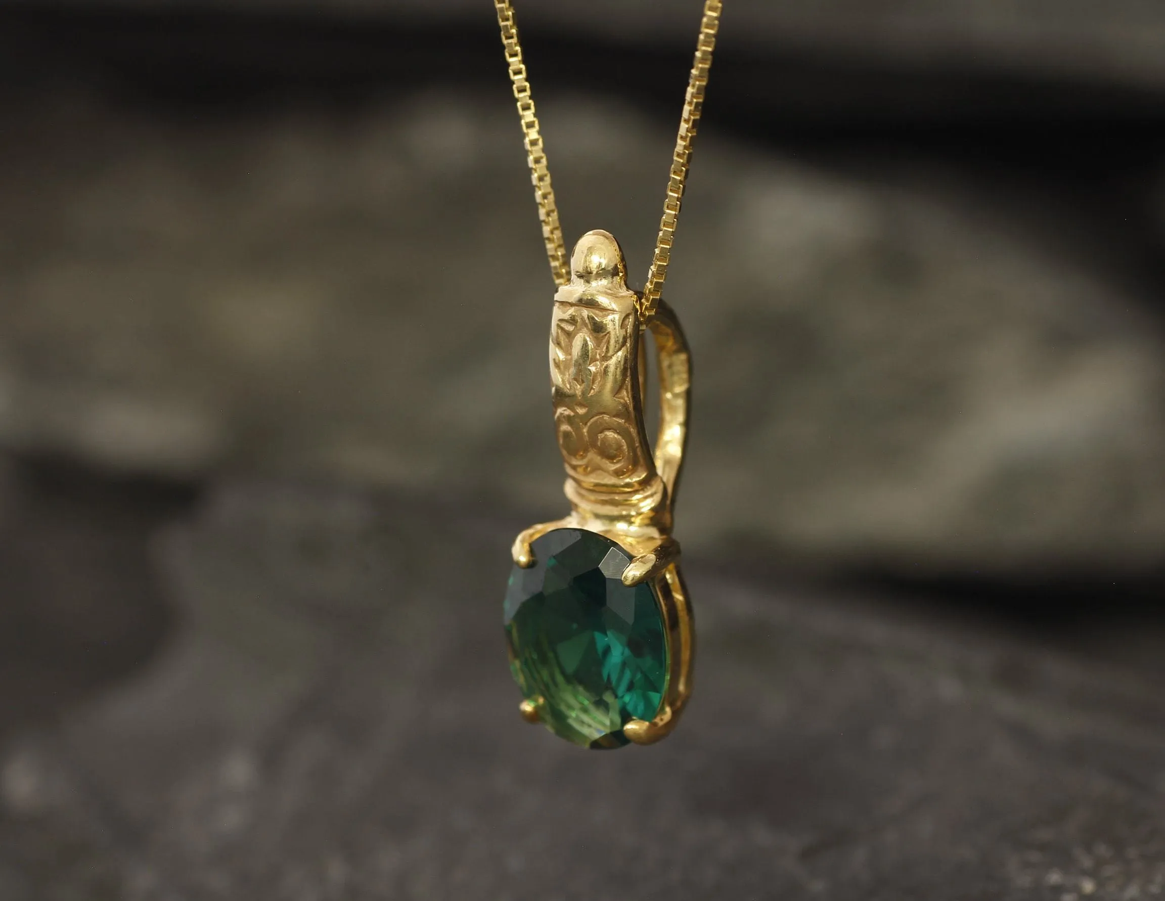 Emerald Solitaire Gold Pendant - Tribal Emerald Necklace, Vintage Emerald Pendant