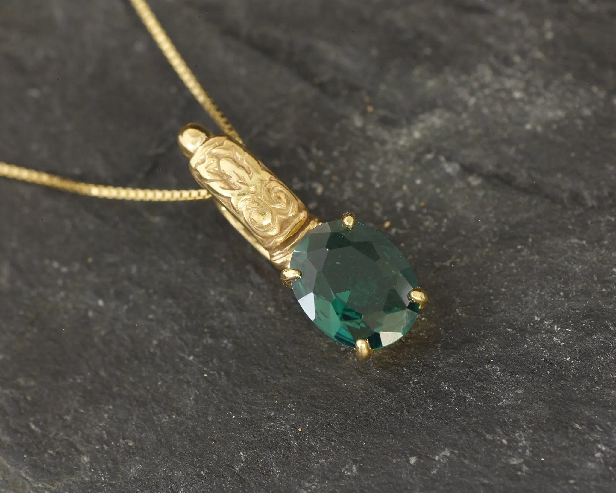 Emerald Solitaire Gold Pendant - Tribal Emerald Necklace, Vintage Emerald Pendant