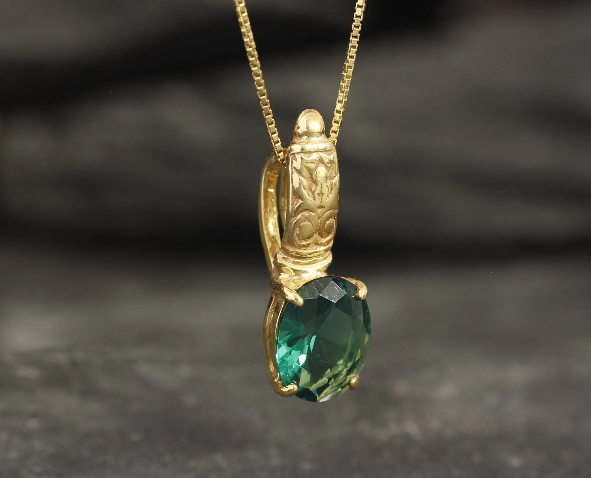 Emerald Solitaire Gold Pendant - Tribal Emerald Necklace, Vintage Emerald Pendant