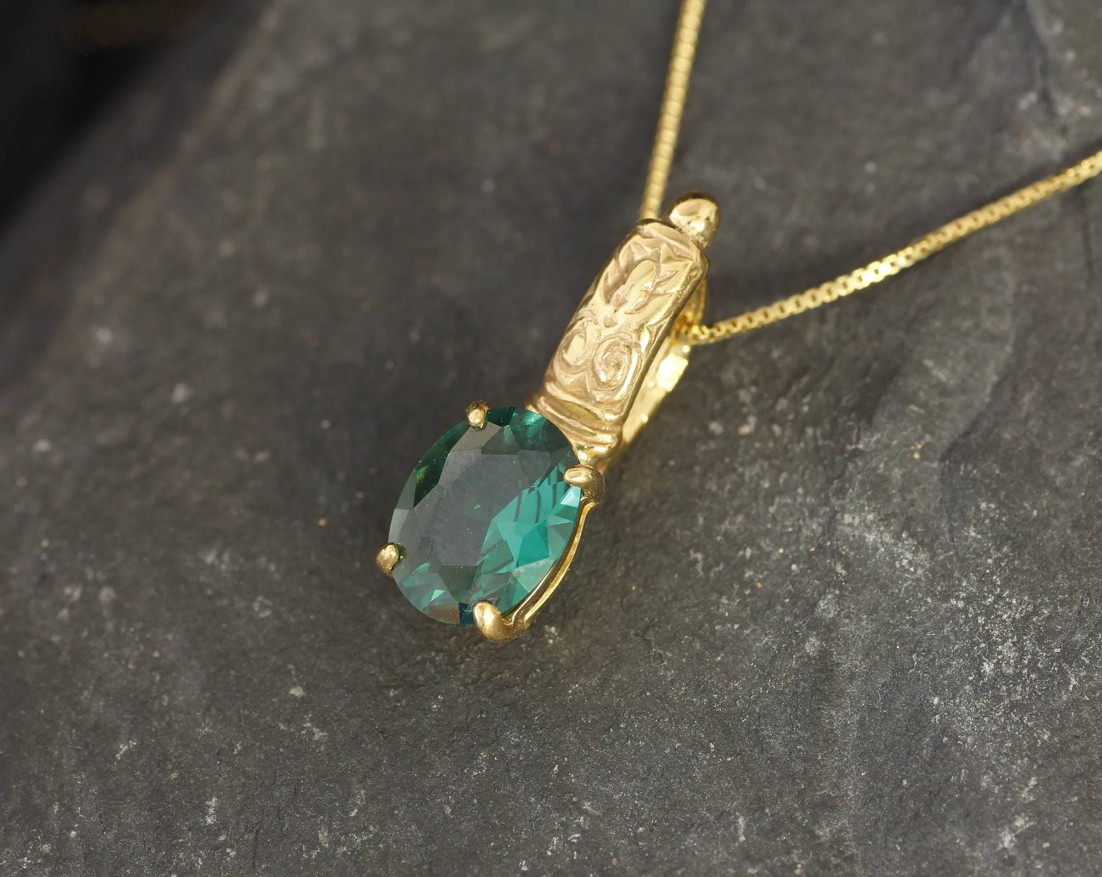 Emerald Solitaire Gold Pendant - Tribal Emerald Necklace, Vintage Emerald Pendant
