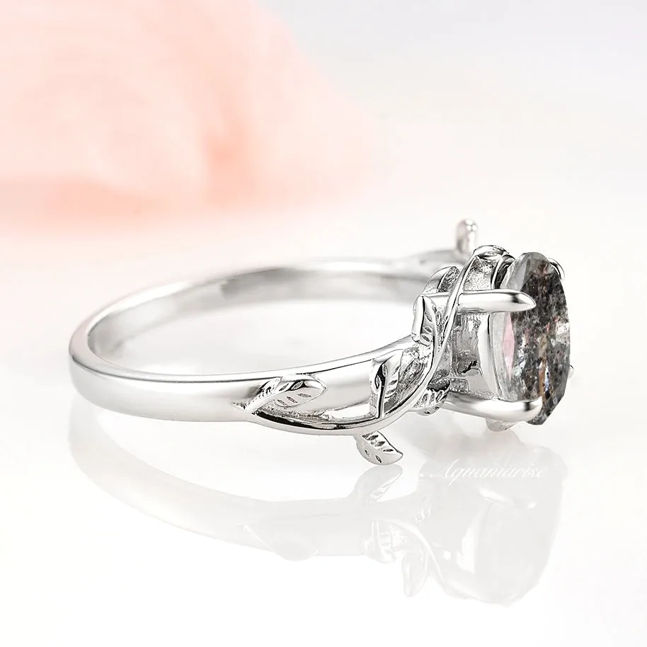 Galaxy Raw Salt & Pepper Diamond (Herkimer Diamond) Leaf Ring- 925 Sterling Silver