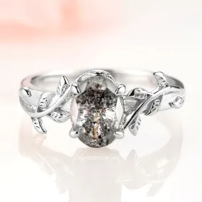 Galaxy Raw Salt & Pepper Diamond (Herkimer Diamond) Leaf Ring- 925 Sterling Silver