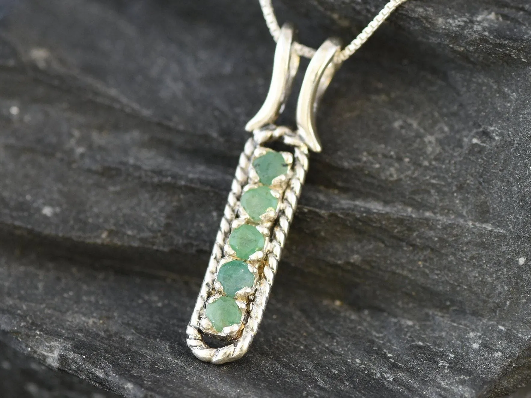 Genuine Emerald Pendant - Green Bar Necklace - Vertical Vintage Necklace