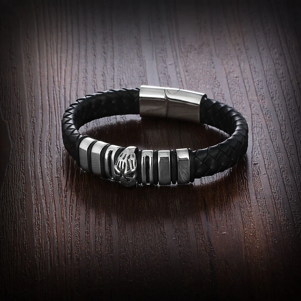 Genuine Leather Skeleton Stainless Steel Bracelets & Bangles Male Jewelry European & American Mens Bracelet