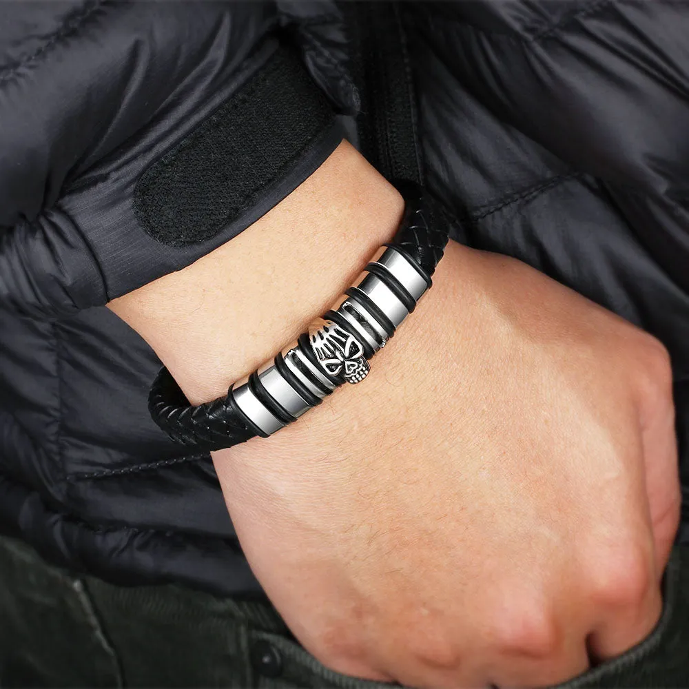 Genuine Leather Skeleton Stainless Steel Bracelets & Bangles Male Jewelry European & American Mens Bracelet