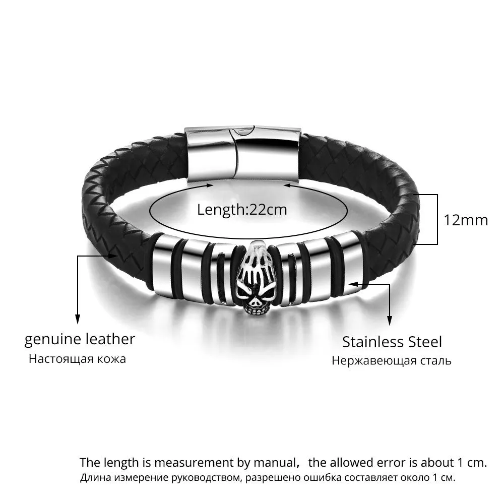 Genuine Leather Skeleton Stainless Steel Bracelets & Bangles Male Jewelry European & American Mens Bracelet