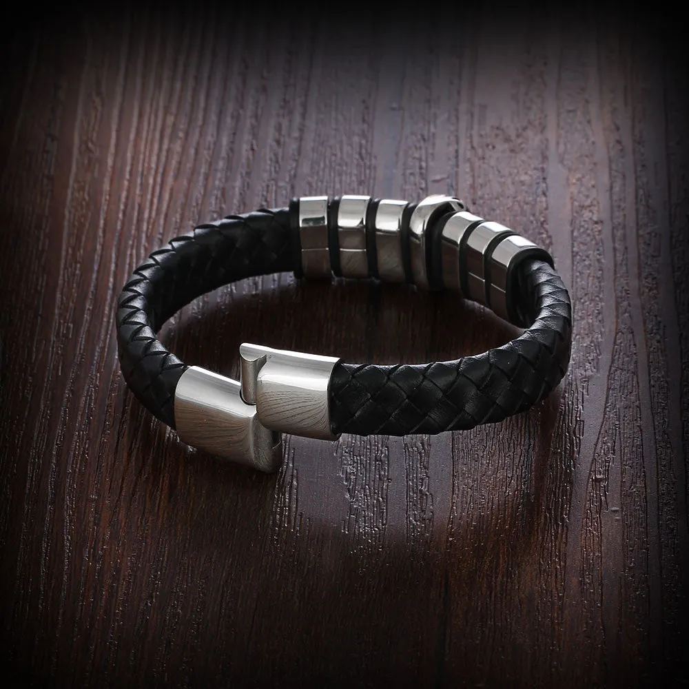 Genuine Leather Skeleton Stainless Steel Bracelets & Bangles Male Jewelry European & American Mens Bracelet