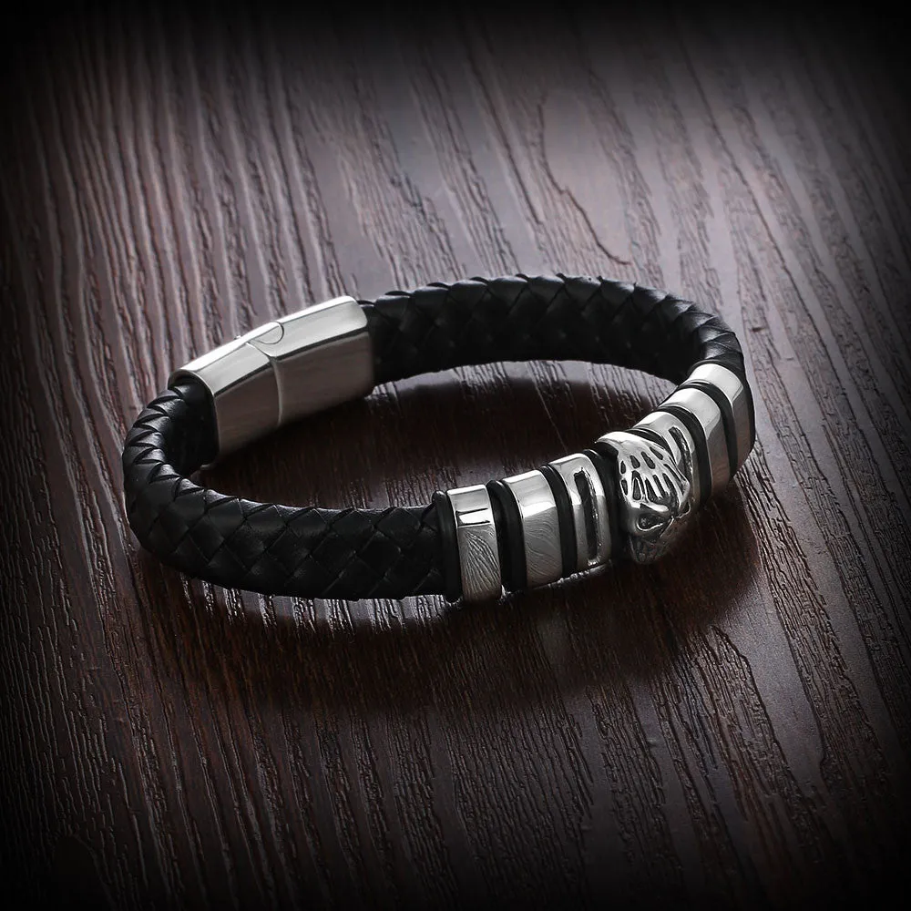 Genuine Leather Skeleton Stainless Steel Bracelets & Bangles Male Jewelry European & American Mens Bracelet