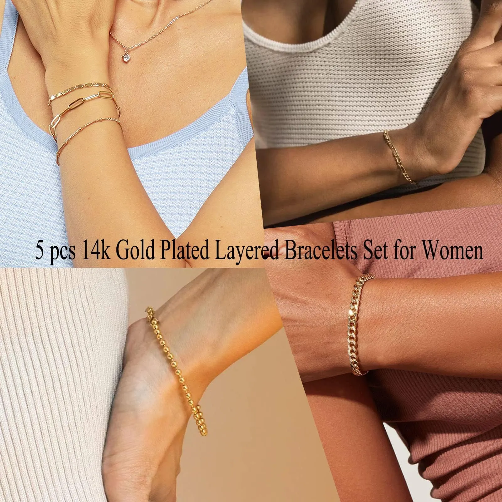 Gokeey Gold Bracelets for Women Trendy Fashion Dainty Gold Adjustable Layered Link Chain Bracelet Pack for Women 14K Real Gold Cute Jewelry Set Gifts 5pcs
