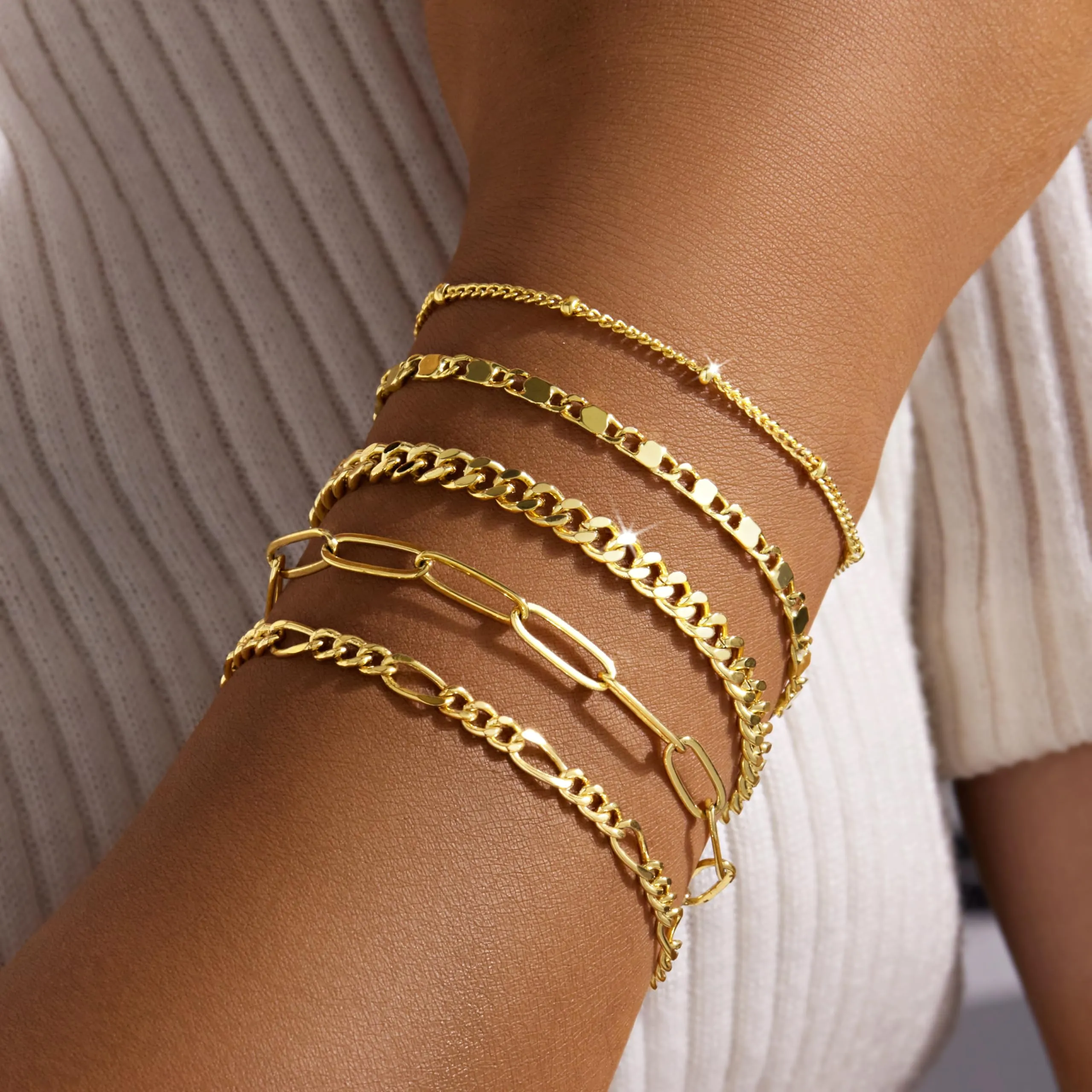 Gokeey Gold Bracelets for Women Trendy Fashion Dainty Gold Adjustable Layered Link Chain Bracelet Pack for Women 14K Real Gold Cute Jewelry Set Gifts 5pcs